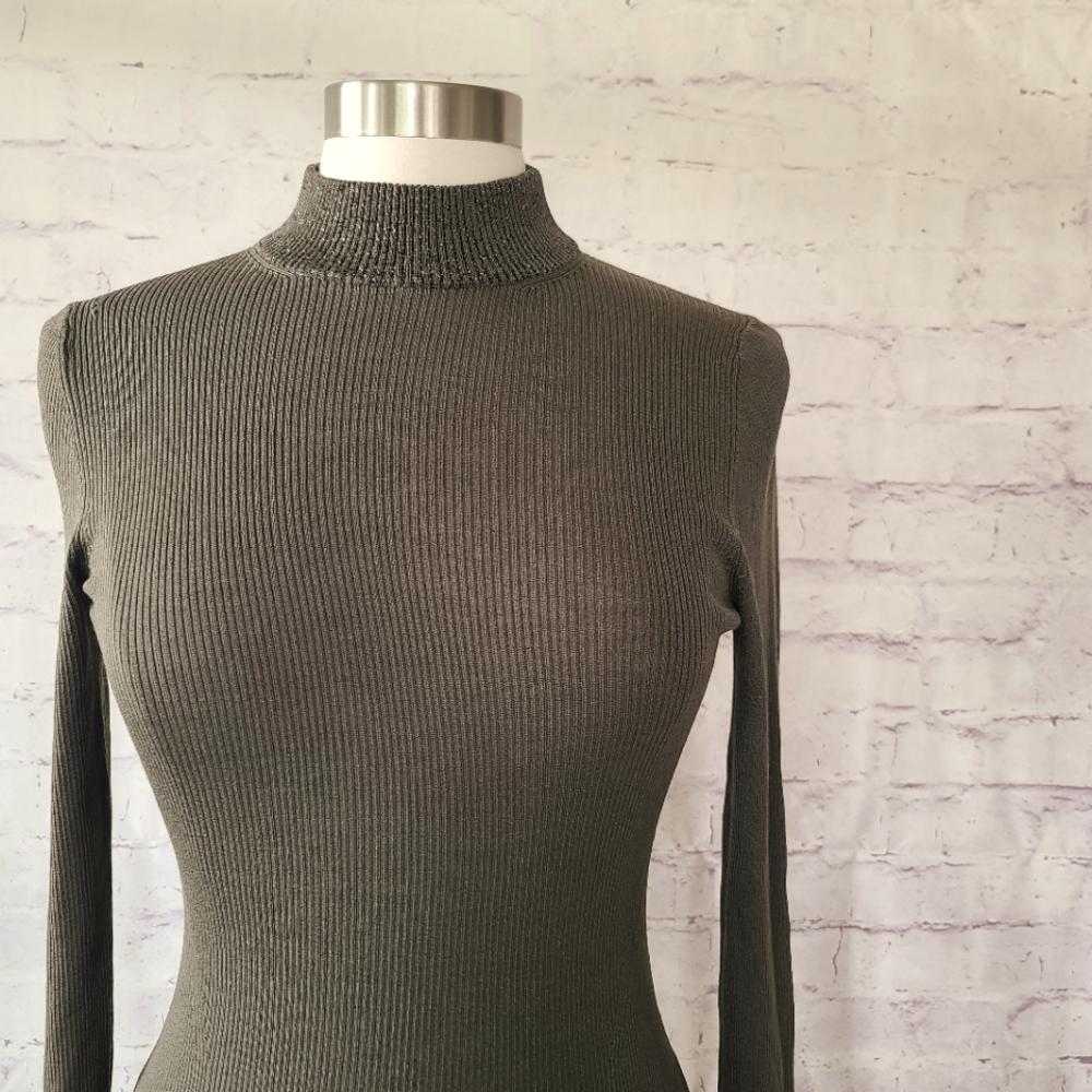Dreyden Dione Sweater Olive Sparkle High Neck Lighweight Ribbed Knit Small